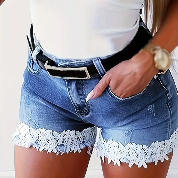 Pants - Lace Trim Denim Shorts, Sexy Jean Hotpants, Blue With White Lace Detail, Sz.M